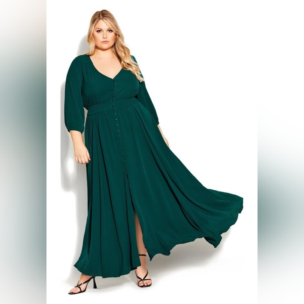 City Chic "Desire" Shirred Waist Button Front Maxi Dress